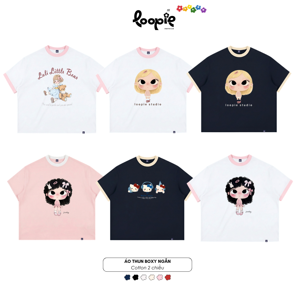 Áo Boxy Phối Tay LOOPIE CLUB BST119 Mẫu Cartoon-Áo Phông Ringer Cotton 2 Chiều Aesthetic