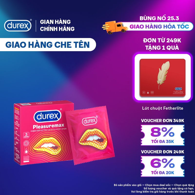 Durex Pleasuremax gân gai tăng khoái cảm, size 56mm, hộp 3 bao