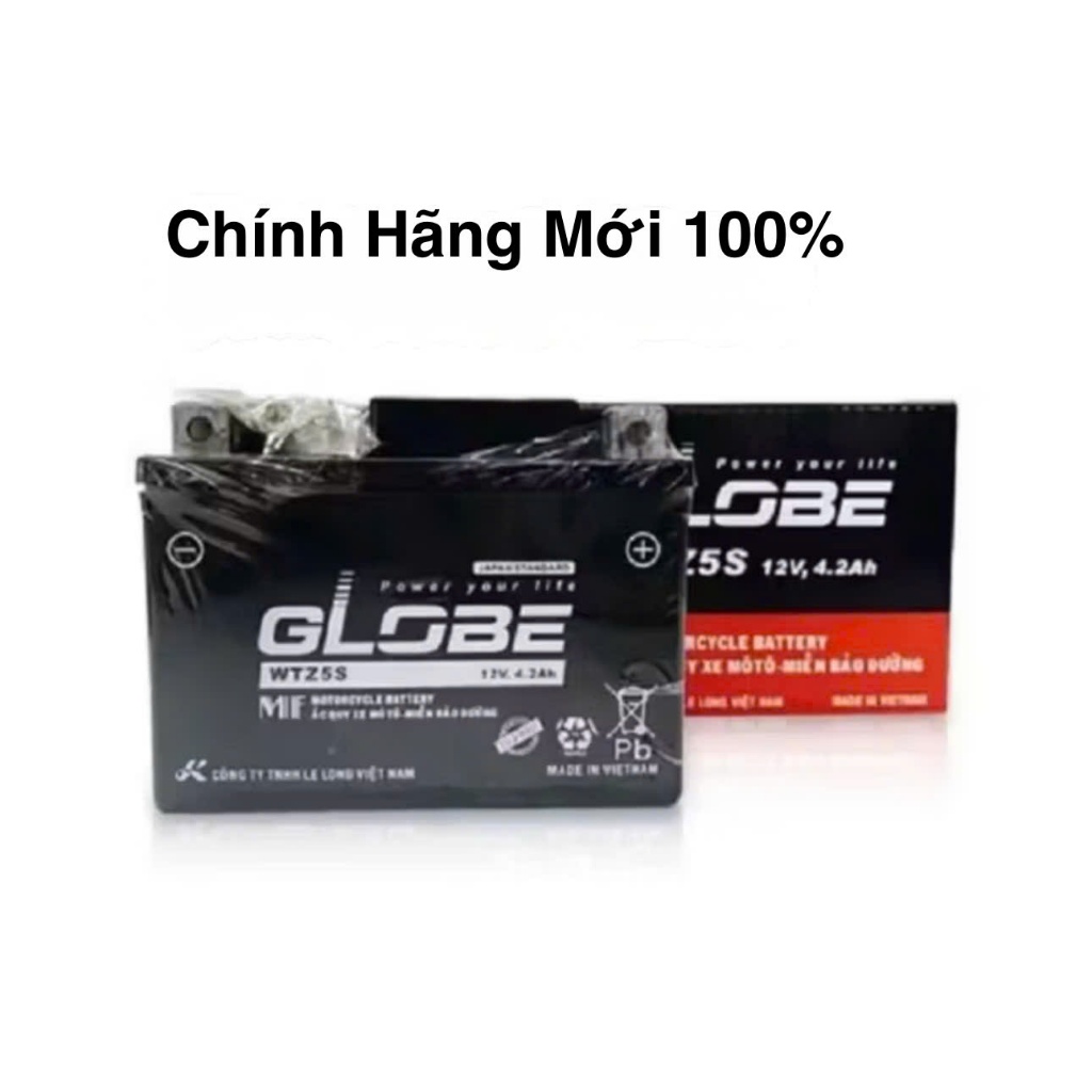 Bình ắc quy khô thấp 12V/4,2Ah - Ắc quy hiệu GLOBE - Ắc quy WTZ5S dành cho xe Wave/RS/RSX, Sirius Fi