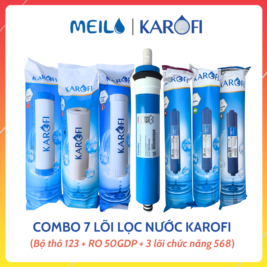 Combo 7 Lõi Lọc Nước Karofi Gồm Bộ Thô 123, RO50GDP, T33 Min Nano Dùng Cho Máy Lọc Nước RO Máy Có Mo
