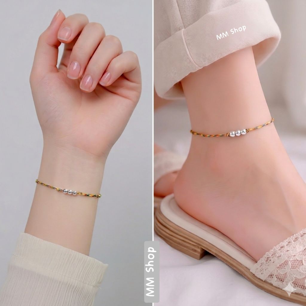 Vòng tay, vòng đeo chân chỉ ngũ sắc hạt bạc 925 sáng đẹp cho nam và nữ