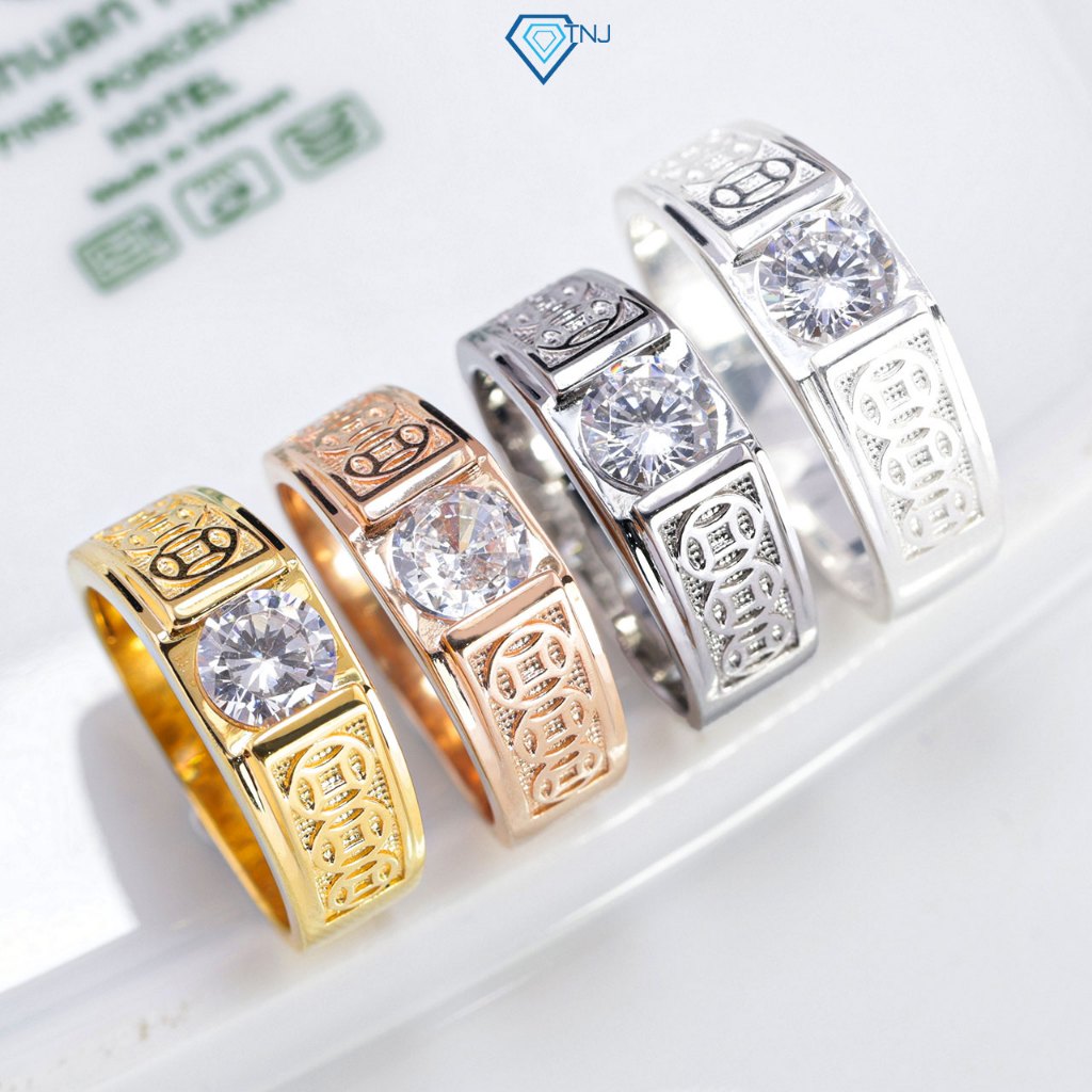 Nhẫn bạc nam kim tiền đính đá 6mm màu xi vàng 18K, xi vàng hồng, xi bạch kim bản nhỏ sang trọng NNA0879 - Trang Sức TNJ