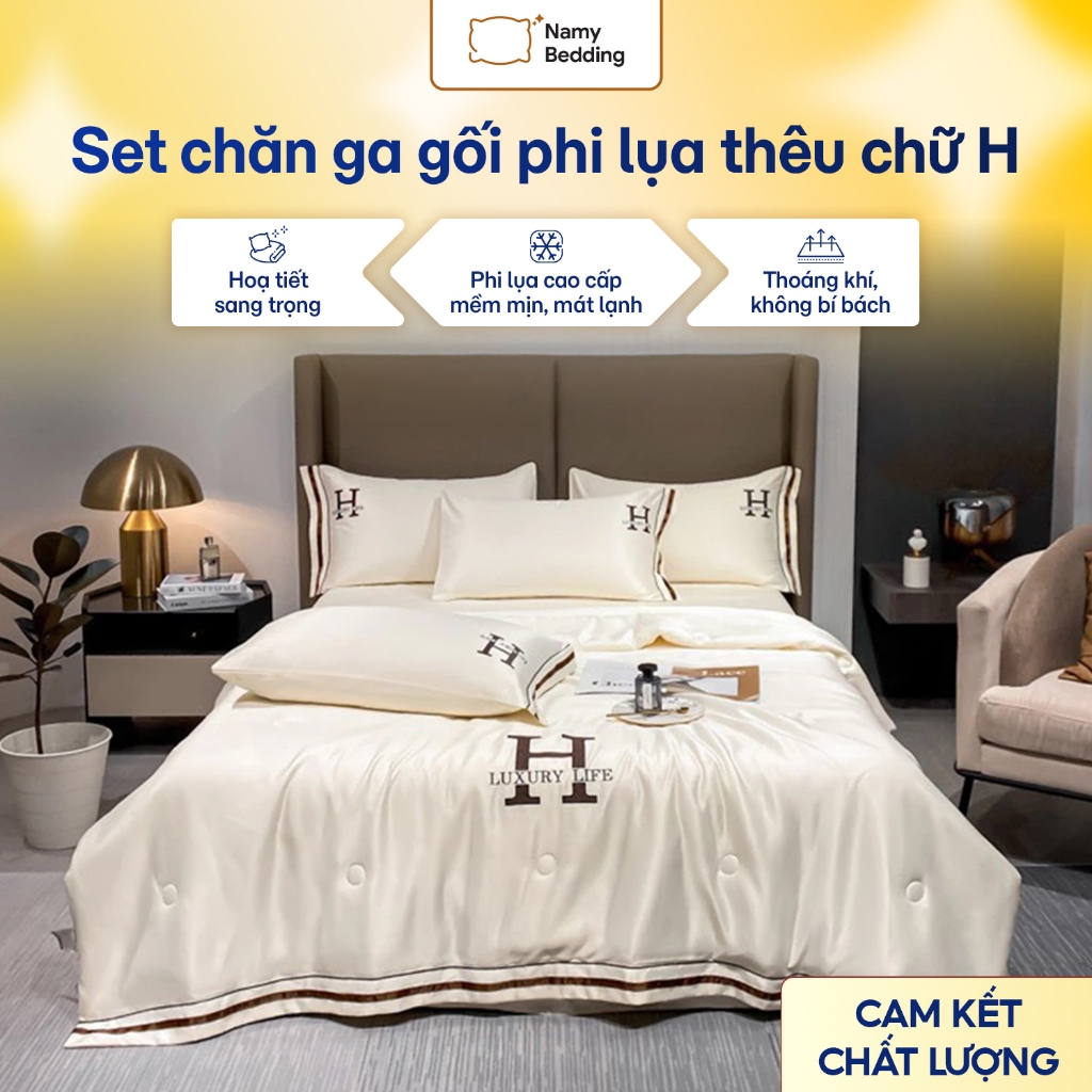 Set Chăn Ga Gối Phi Lụa Thêu Chữ H Luxury Life 4 Món Mềm Mịn Mát Lạnh Namy Bedding2
