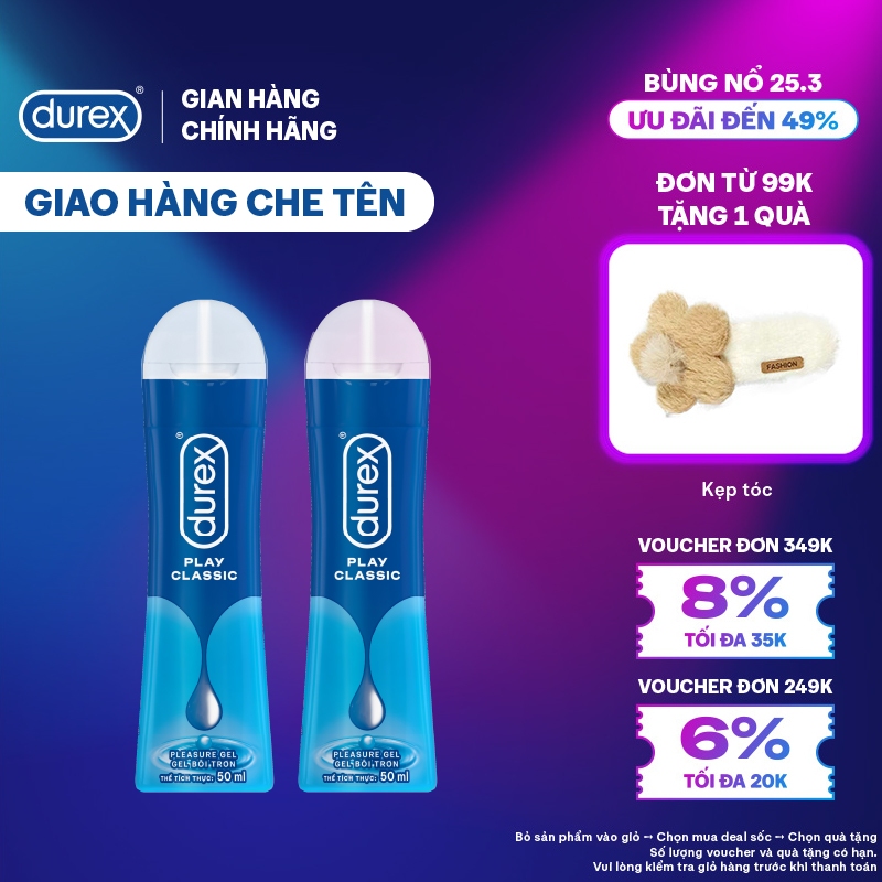  Combo 2 Gel bôi trơn Durex Classic gốc nước - Bao bì mới, cải tiến công thức thêm mượt mà, 50ML/chai