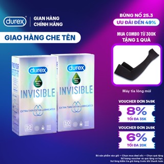 Bộ 2 hộp Durex Invisible Lubricated siêu mỏng, bôi trơn (size 52mm, 10 bao/hộp)