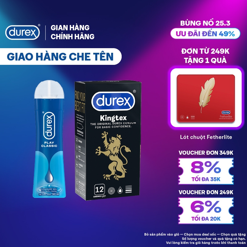 Bộ 1 hộp Durex Kingtex ôm sát (size 49mm, 12 bao/hộp) và 1 chai Gel bôi trơn Classic gốc nước 50ml