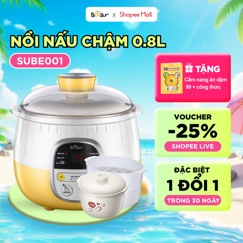 Nồi Nấu Cháo Cho Bé BEAR 0.8L Nấu Chậm Điện Cách Thuỷ Hầm Cháo Nhừ Chưng Yến Giữ Lại Chất Dinh Dưỡng Cho Bé SUBE001