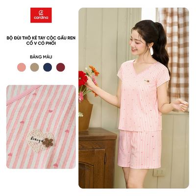 Bộ đồ nữ CARDINA chất liệu thô kẻ tay côc gấu ren và quần đùi cạp chun 6BDN01