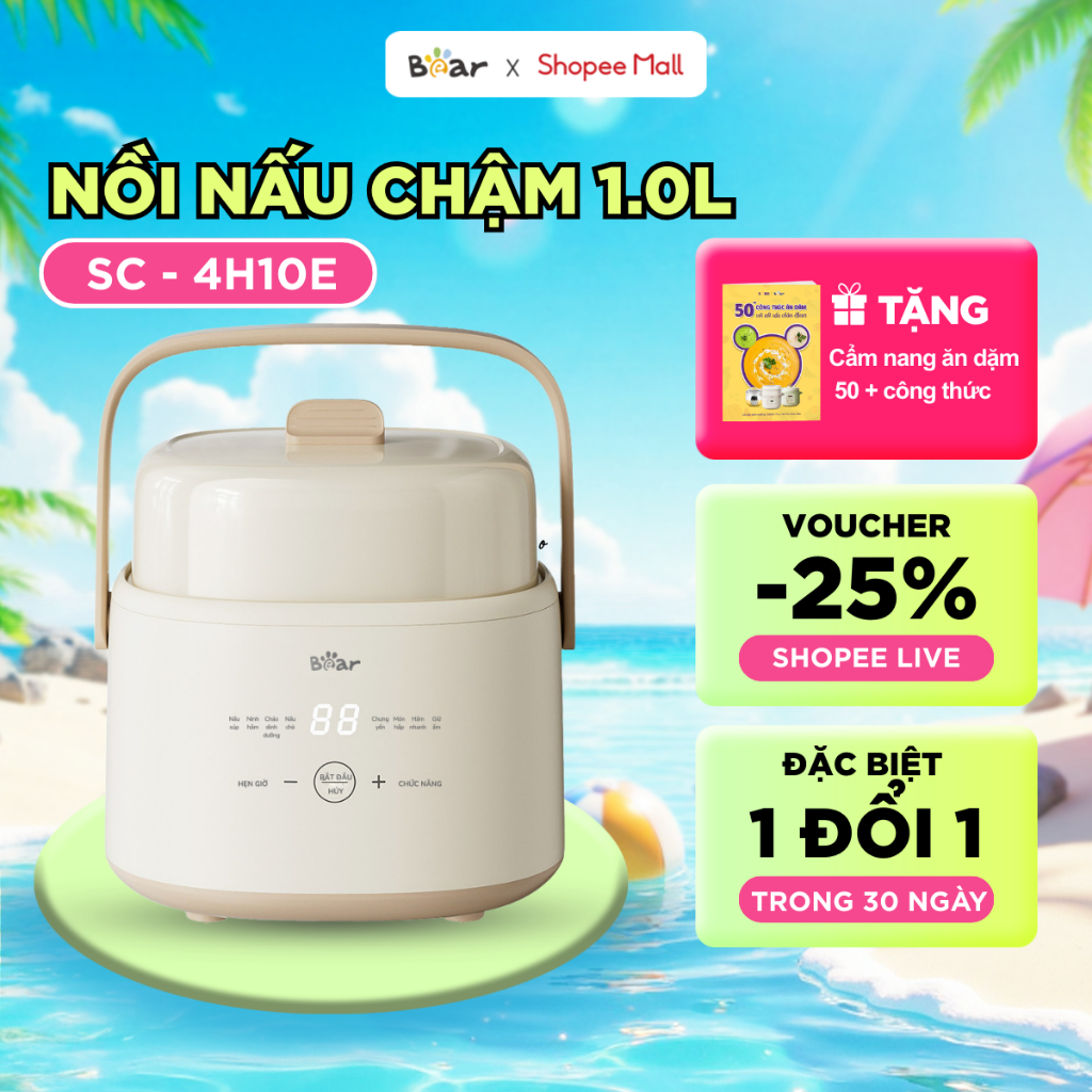 Nồi Nấu Cháo Chậm BEAR 1L 8 Chế Độ Nồi Nấu Hầm Chưng Yến Nồi Nấu Cháo Cho Bé Nồi Nấu Chậm Giữ Trọn Dinh Dưỡng SC-4H10E