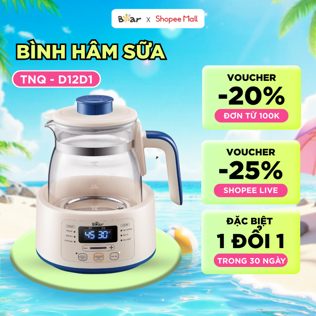 Máy Đun Nước Đa Năng Bear Hâm Sữa Thông Minh Khử Clo Pha Sữa An Toàn Cho Bé Bản Tiếng Việt Bình Đun Nước Ấm TNQ-D12D1