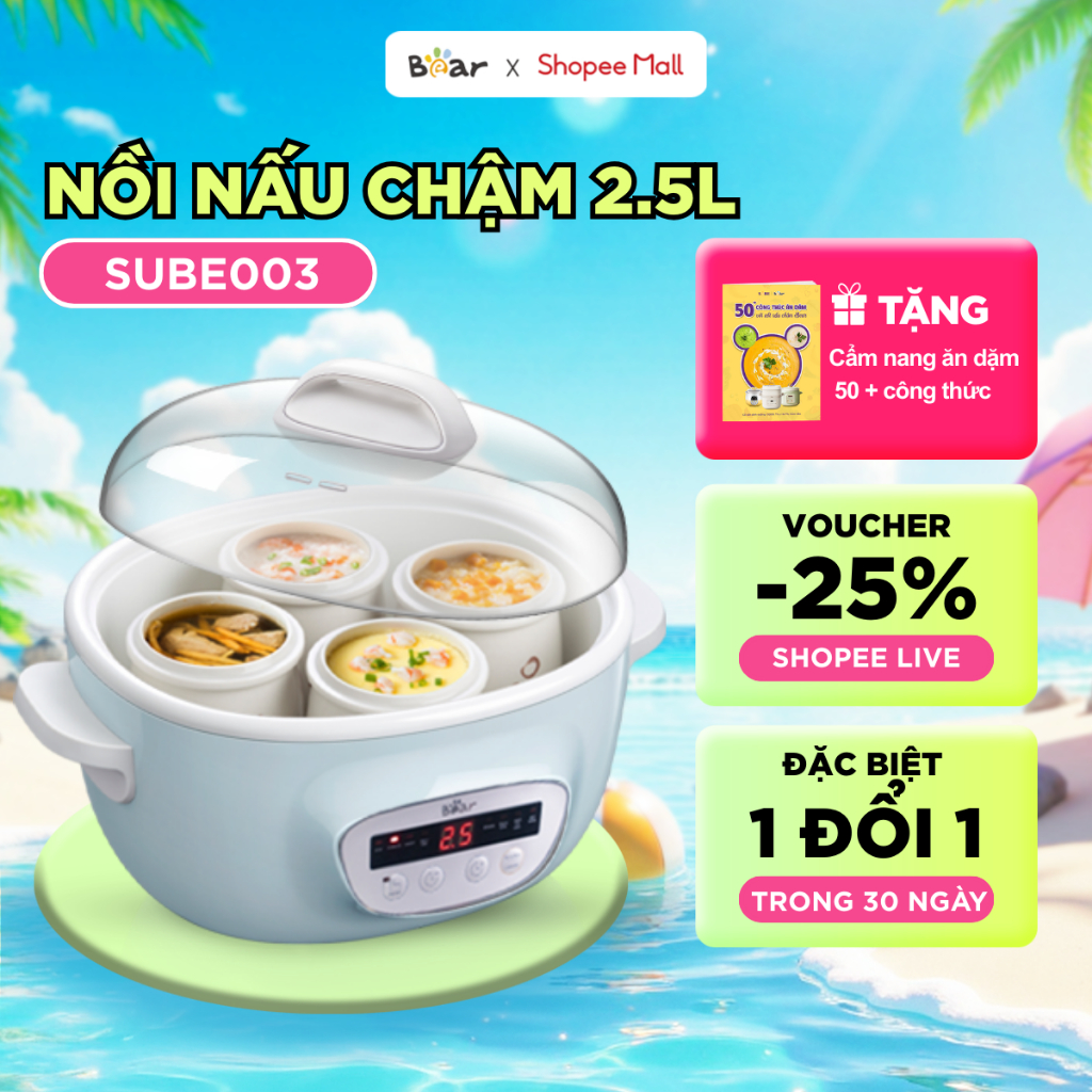 Nồi Nấu Cháo Chậm 2.5L BEAR Nồi Nấu Cháo Chậm Nấu Hầm Cháo Nồi Chưng Yến Bản Tiếng Việt Bảo Hành 18 Tháng - SUBE003