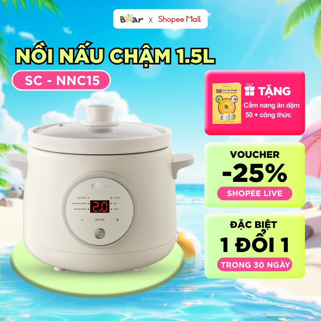 Nồi Nấu Cháo Chậm BEAR 1.5L Nồi Nấu Chậm Cho Bé Hầm Giữ Ấm Giữ Trọn Chất Dinh Dưỡng Nồi Nấu Cháo Bản Tiếng Việt NNC15