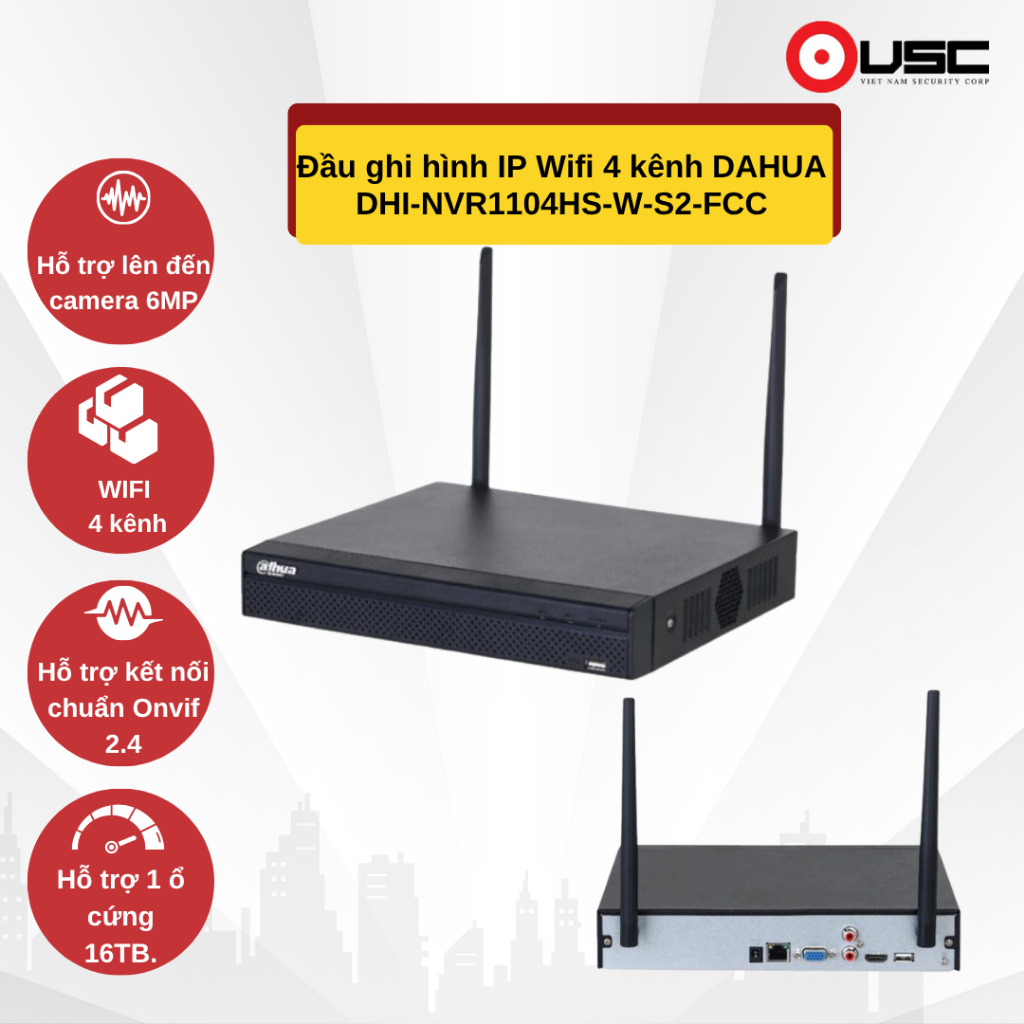 Đầu ghi hình IP Wifi 4 kênh DAHUA DHI-NVR1104HS-W-S2-FCC, chính hãng giá tốt