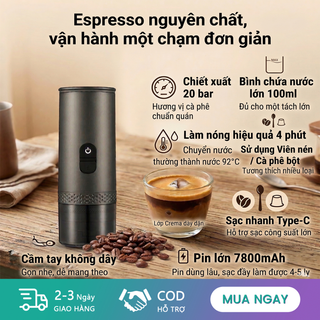 Máy pha cà phê cầm tay làm nóng, chiết xuất áp suất cao, viên nang/bột cà phê đa năng, làm nóng nhanh 7800mAh