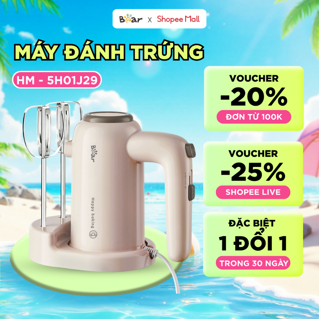 Máy Đánh Trứng BEAR Công Suất Lớn 125W Máy Đánh Trứng Cầm Tay Mini Làm Bánh Bao, Làm Bánh Kem Máy Trộn Bột HM-5H01J29
