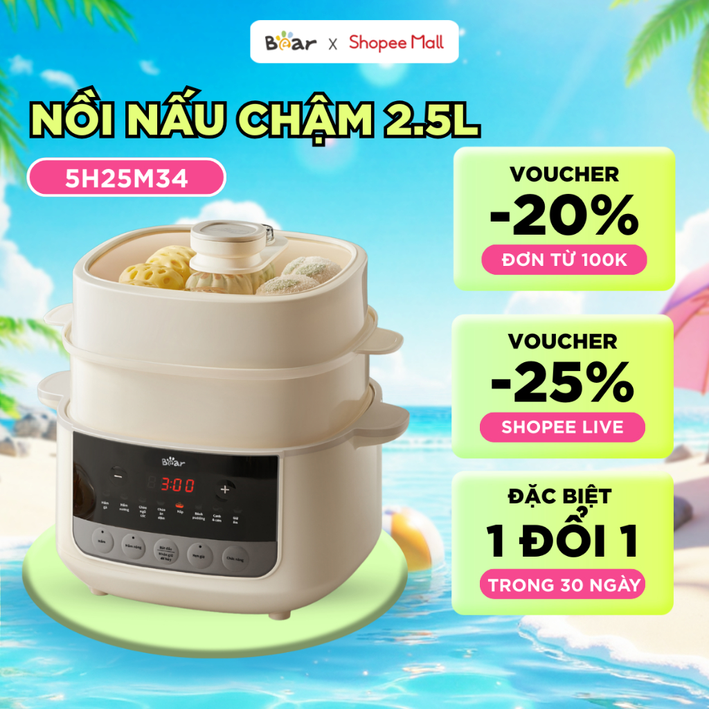 Nồi Nấu Cháo Chậm BEAR 2.5L Có Xửng Hấp 8 Chế Độ Nấu Hầm Hấp Nấu Chậm Cho Bé Giữ Trọn Dinh Dưỡng SC-