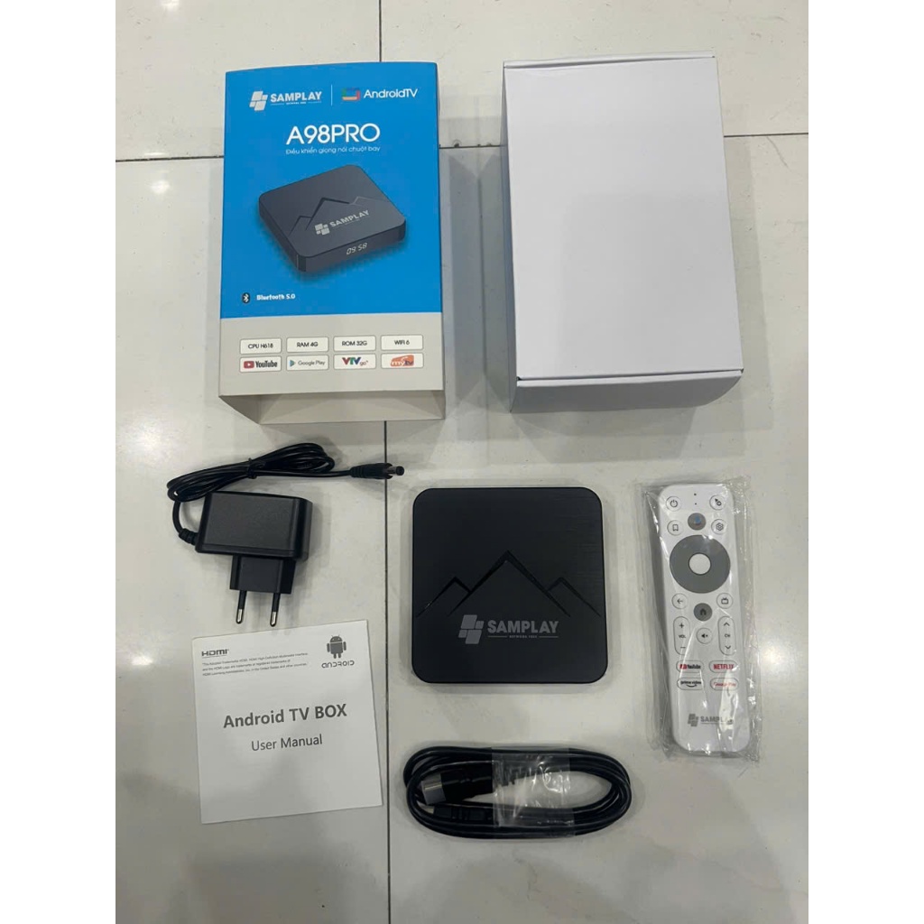 Android Tivi box Samplay A98Pro Ram 4G ATV13, điều khiển chuột bay tìm kiếm giọng nói, WIFI 6, Bluet