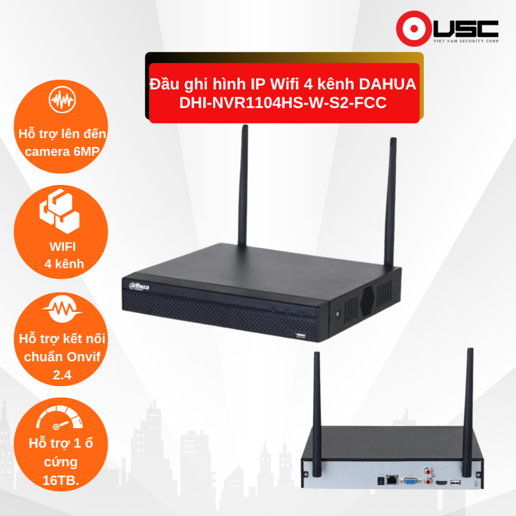 Đầu ghi hình IP Wifi 4 kênh DAHUA DHI-NVR1104HS-W-S2-FCC, chính hãng giá tốt, bảo hành đầy đủ