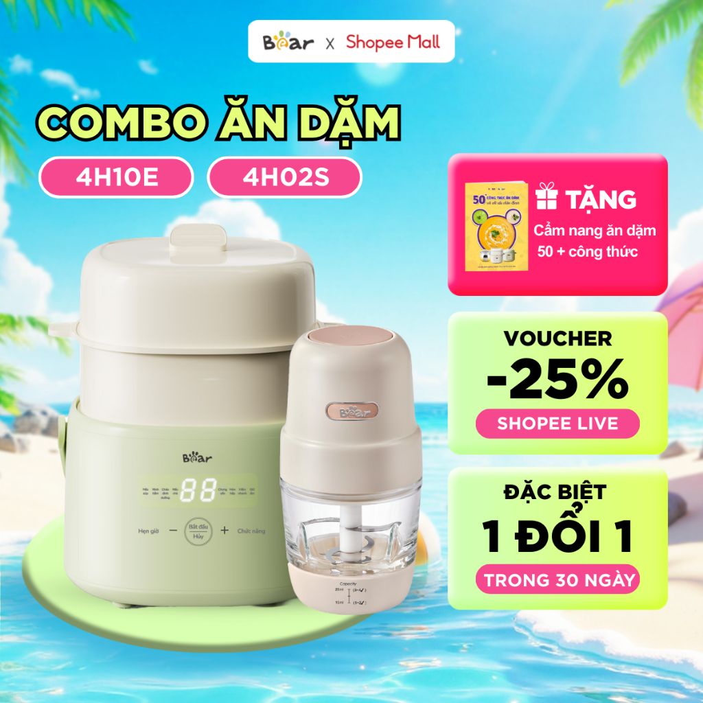 Combo Ăn Dặm BEAR Nồi Nấu Cháo Chậm 1L 4H10E Và Máy Xay Ăn Dặm 0.3L 4H02S Cho Mẹ Và Bé Combo Ăn Dặm 