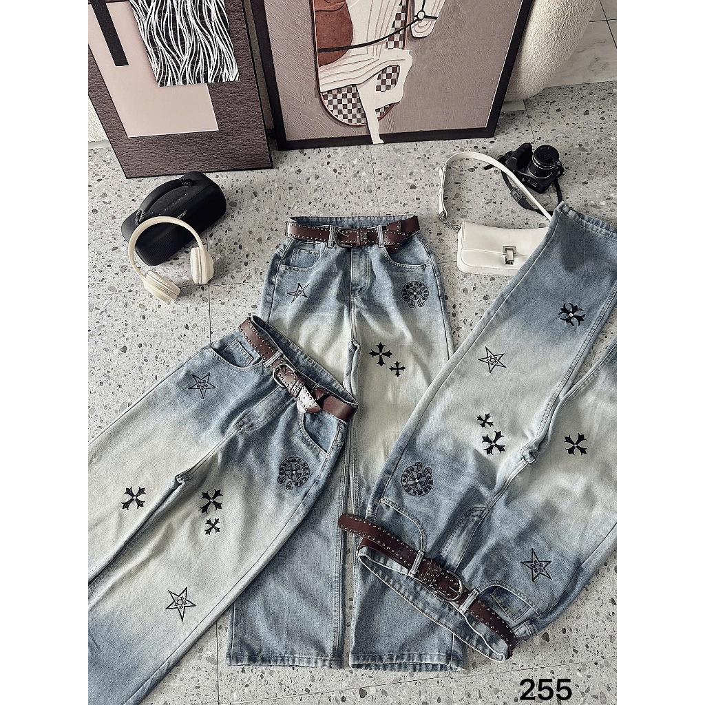 Quần suông ống rộng jean nữ thêu hình Bigsize 55-90kg, kiểu form ống rộng thêu hàng QC 2KJeans QC255 | BigBuy360 - bigbuy360.vn