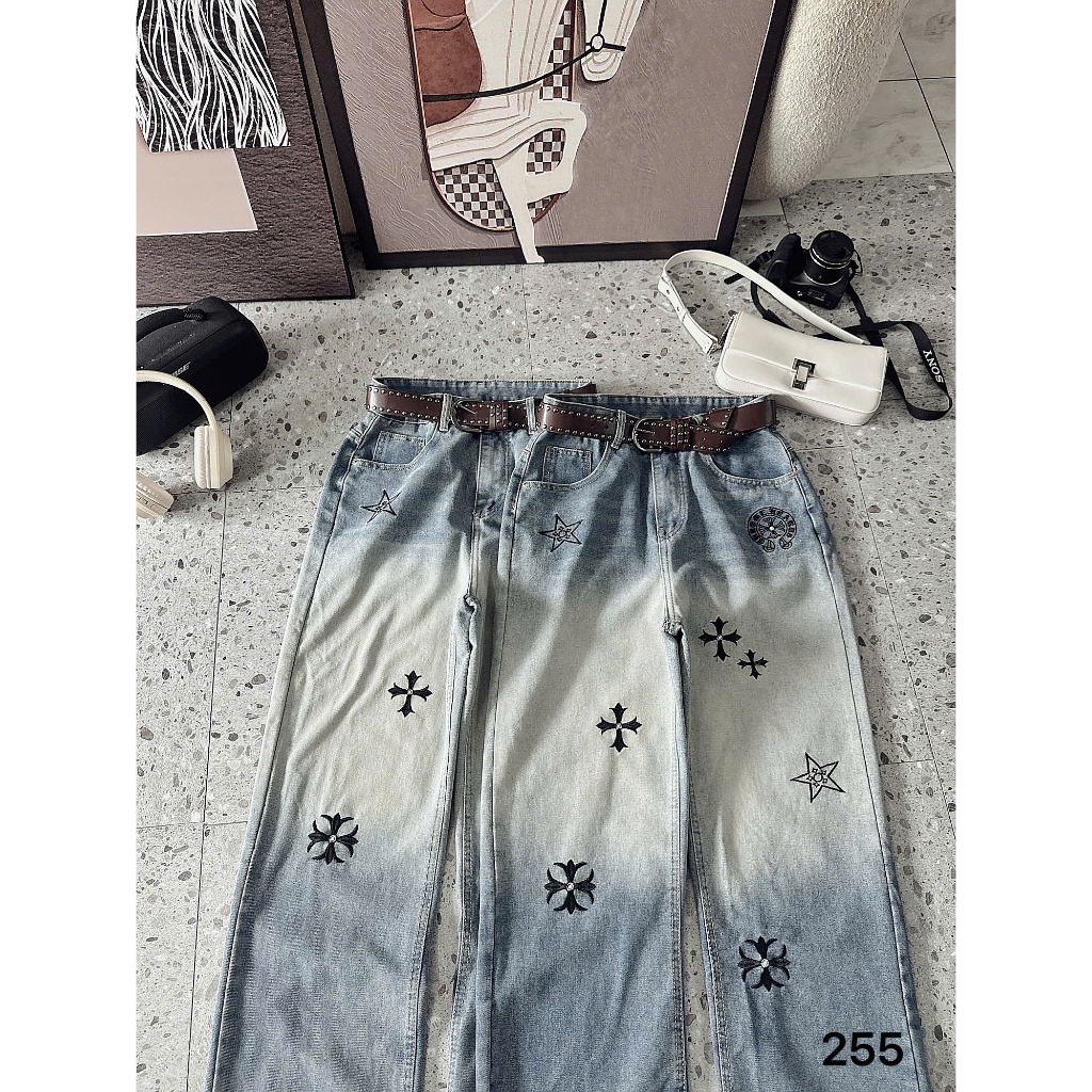 Quần suông ống rộng jean nữ thêu hình Bigsize 55-90kg, kiểu form ống rộng thêu hàng QC 2KJeans QC255 | BigBuy360 - bigbuy360.vn