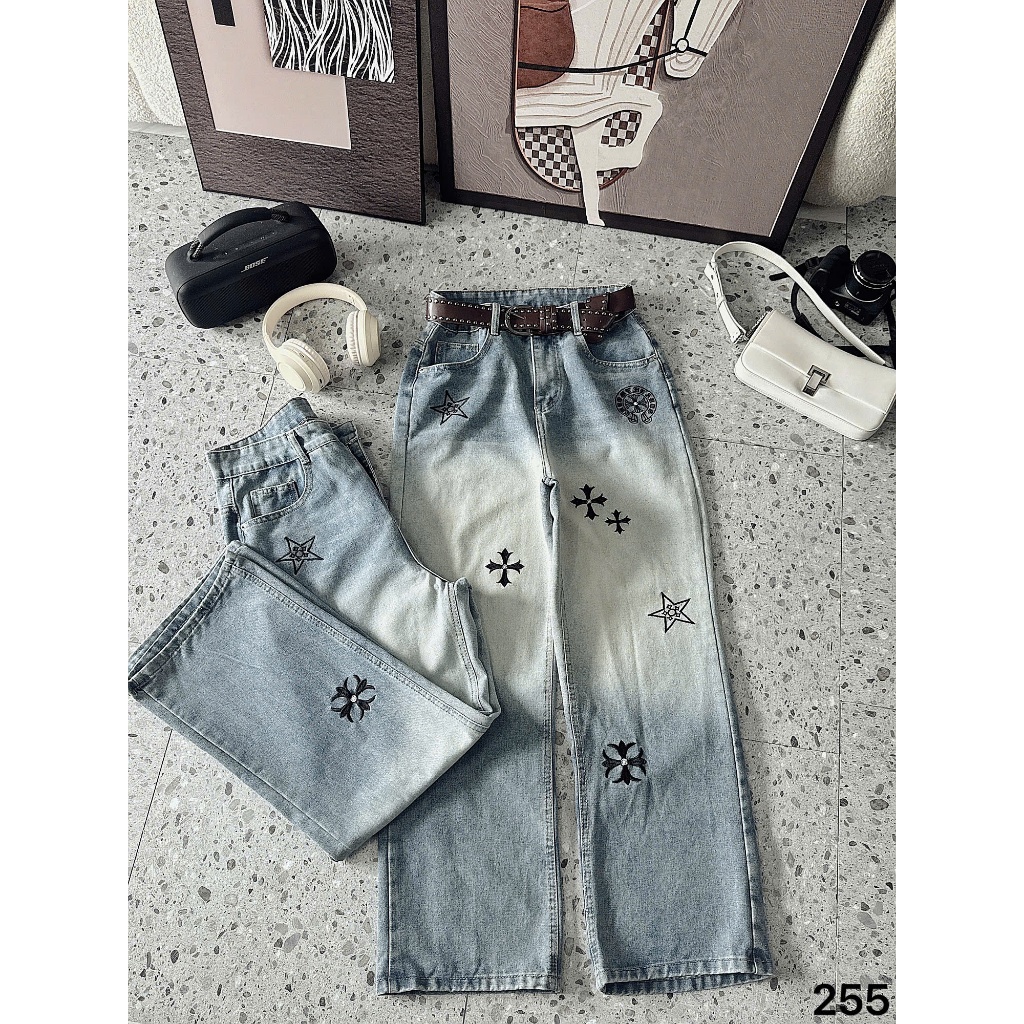 Quần suông ống rộng jean nữ thêu hình Bigsize 55-90kg, kiểu form ống rộng thêu hàng QC 2KJeans QC255 | BigBuy360 - bigbuy360.vn