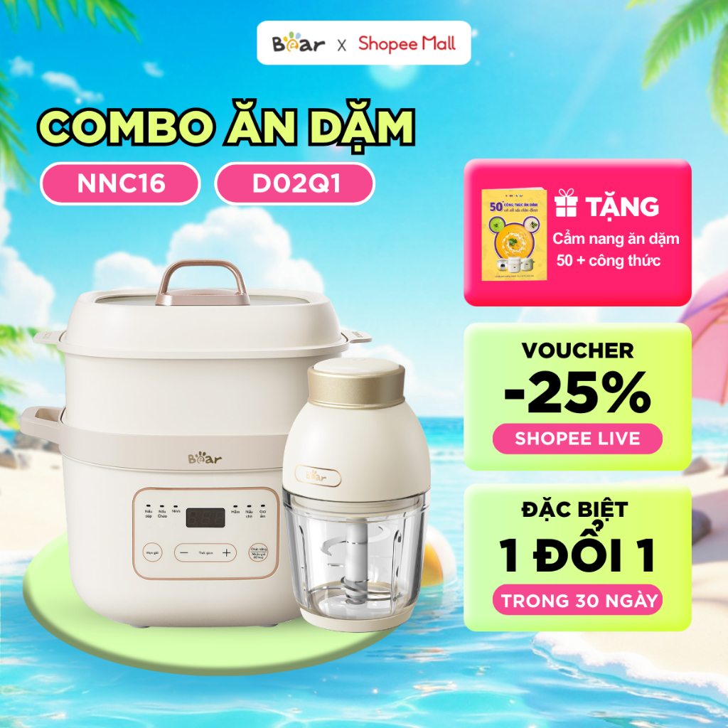 Combo Nồi Nấu Cháo Chậm BEAR 1.6L NNC16 & Máy Xay Ăn Dặm 6 Lưỡi D02Q1 Nồi Nấu Chậm Nồi Chưng Yến Hấp Hầm Cách Thuỷ