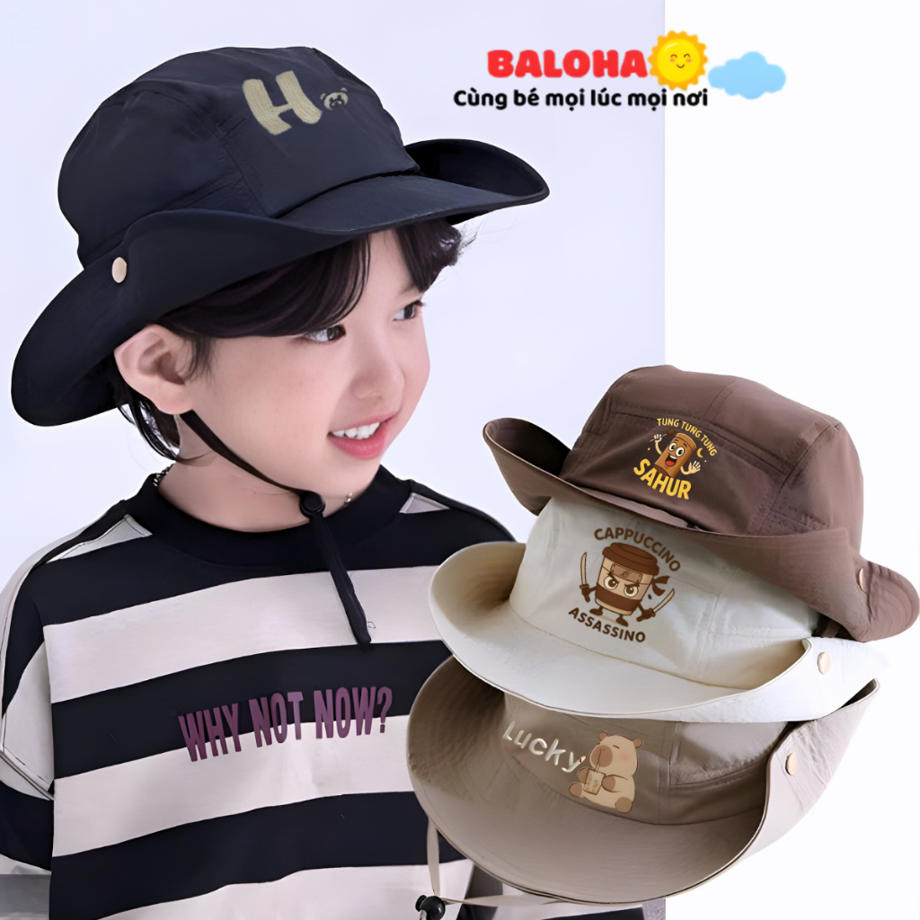Mũ Bucket, Mũ Cao Bồi Vành Rộng Cho Bé Từ 5 Đến 11 Tuổi Chất Vải Kaki Thoáng Mát Phong Cách Hàn Quốc