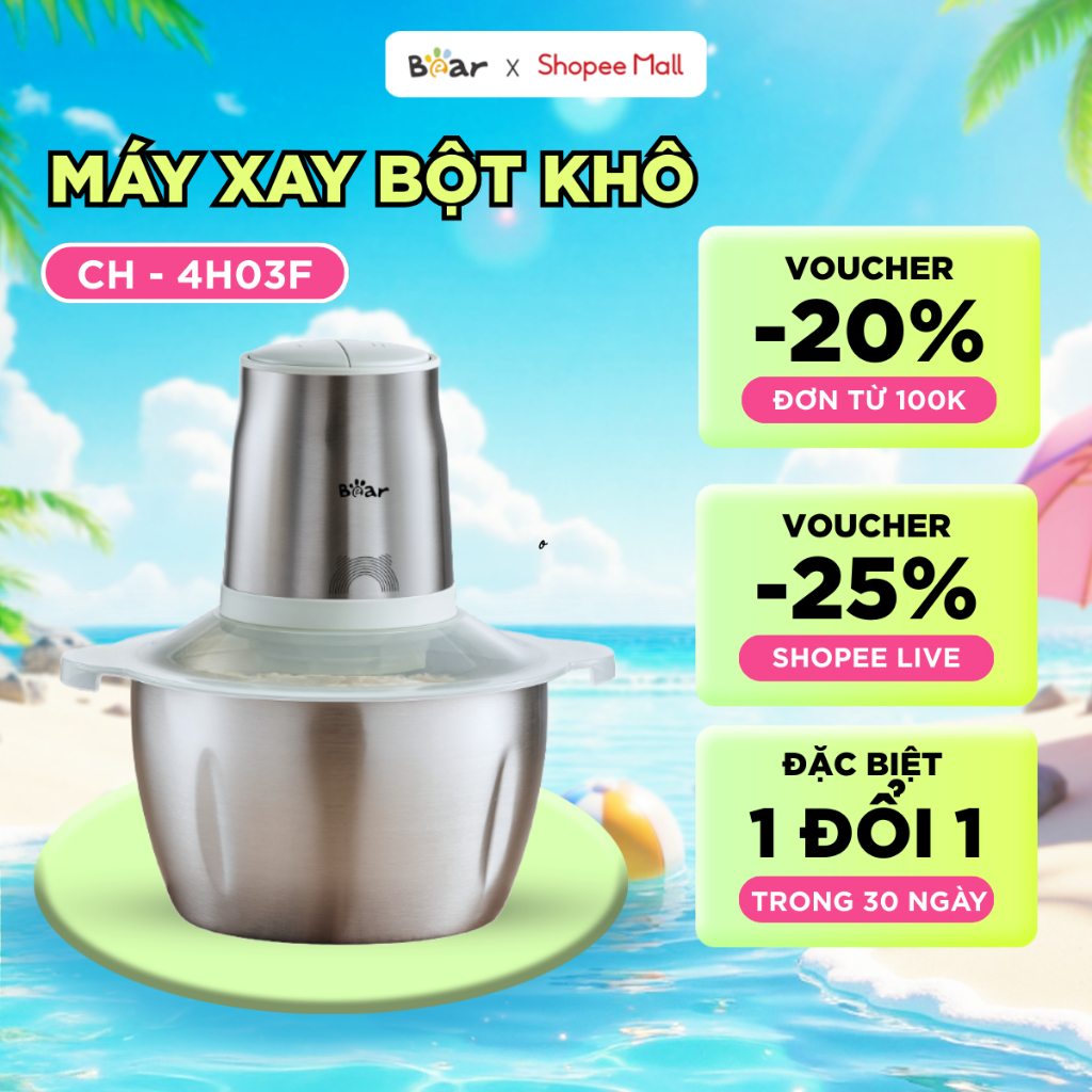 Máy Xay Thịt Bear Máy Xay Thịt Đa Năng Cối Xay Thịt Máy Xay Nhanh Xay Nhuyễn Thịt Cá Xay Mạnh Mẽ 4 Lưỡi Dao CH-4H03F