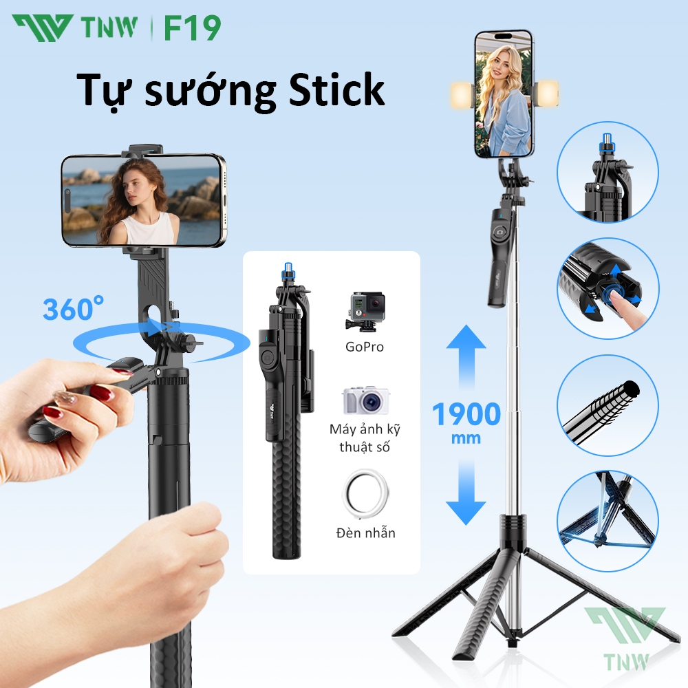 TNW F19 Gậy chụp ảnh 3 chân 1m9 điện thoại đa năng có remoteBluetooth dùng cho livestream quay video | BigBuy360 - bigbuy360.vn