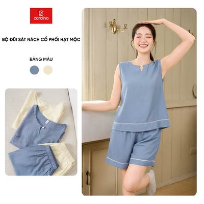 Đồ bộ nữ CARDINA chất liệu đũi bambo quần đùi áo sát nách cổ phối hạt mộc 6BDN02