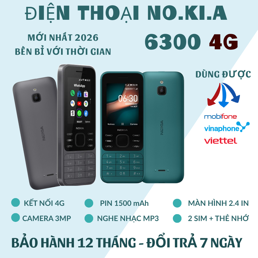 Điện Thoại Noki.a 6300 4G Mẫu Mới 2026, Loa To Pin Bền Sóng Khỏe, Màn Hình Màu, Máy 2 Sim, BH 1 Năm