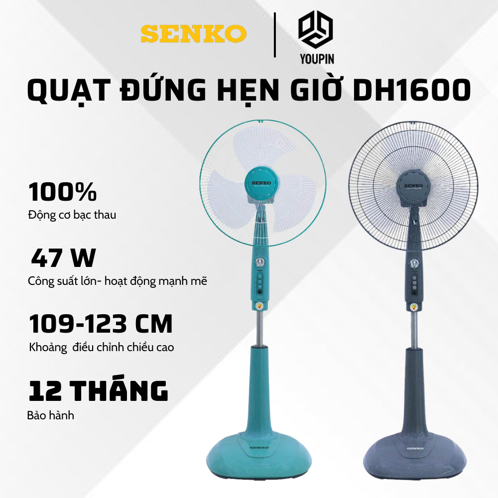 Quạt Đứng Hẹn Giờ SENKO DH1600 - 3 Mức Tốc Độ Gió - Công Suất 47W - Giao Màu Ngẫu Nhiên - BH12 tháng