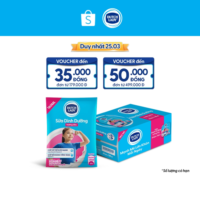 Thùng 48 Bịch Sữa Dinh Dưỡng Dutch Lady Hương Dâu 48x180ml