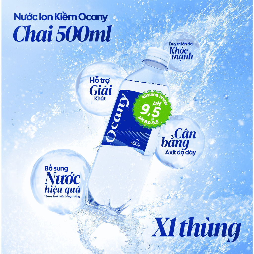 [HOT DEAL] Nước uống Ion Kiềm Ocany Cao Cấp pH 9.5 500ml Thùng 24 chai giúp Trung Hòa Axit Dạ Dày