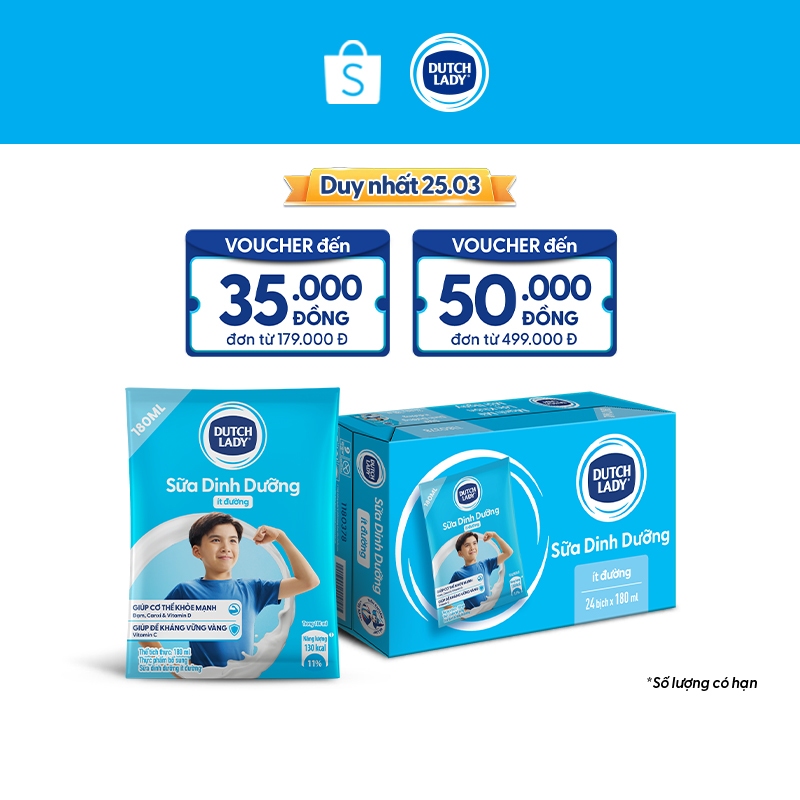 Thùng 24 Bịch Sữa Dinh Dưỡng Dutch Lady Ít Đường 24x180ml