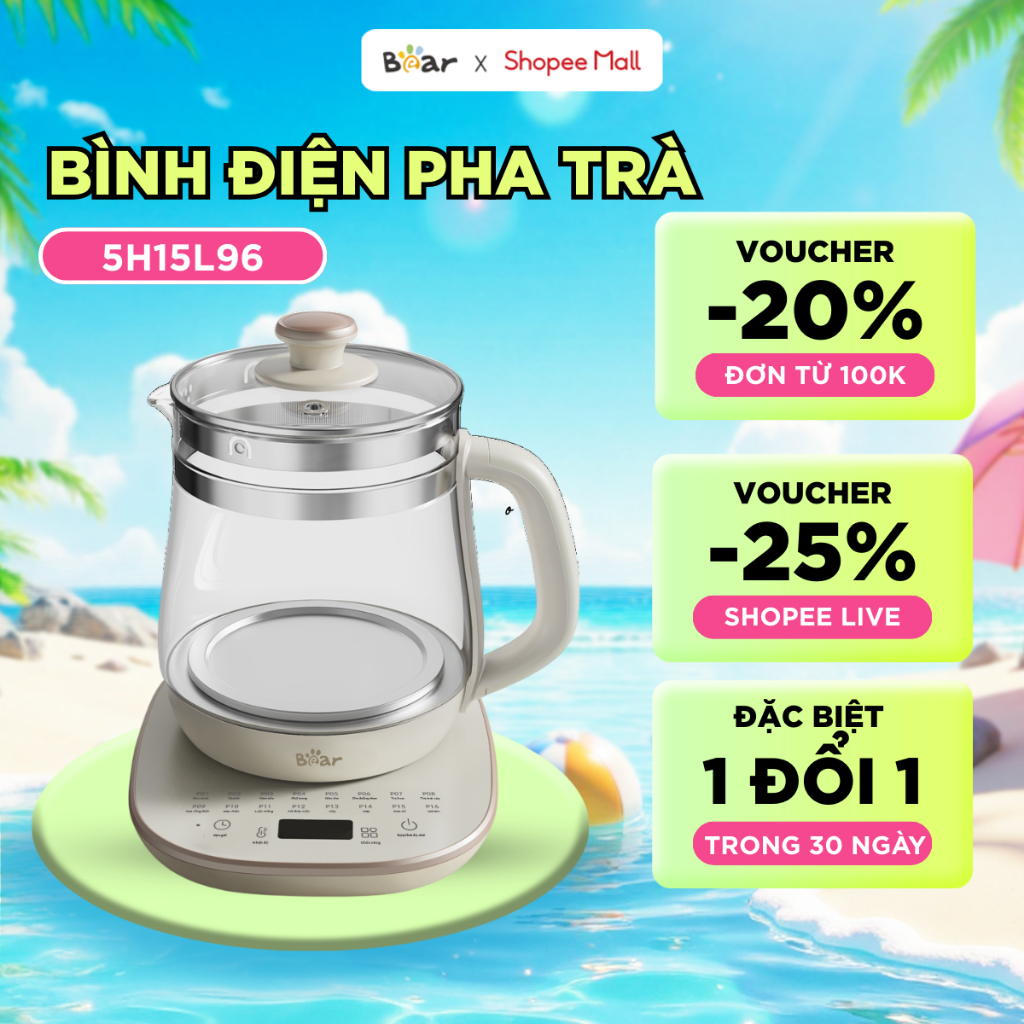 Bình Pha Trà Bear 1.5L Ấm Siêu Tốc Bình Thủy Tinh Đựng Nước Ấm Pha Trà Ấm Trà Bình Thủy Giữ Nhiệt Ấm