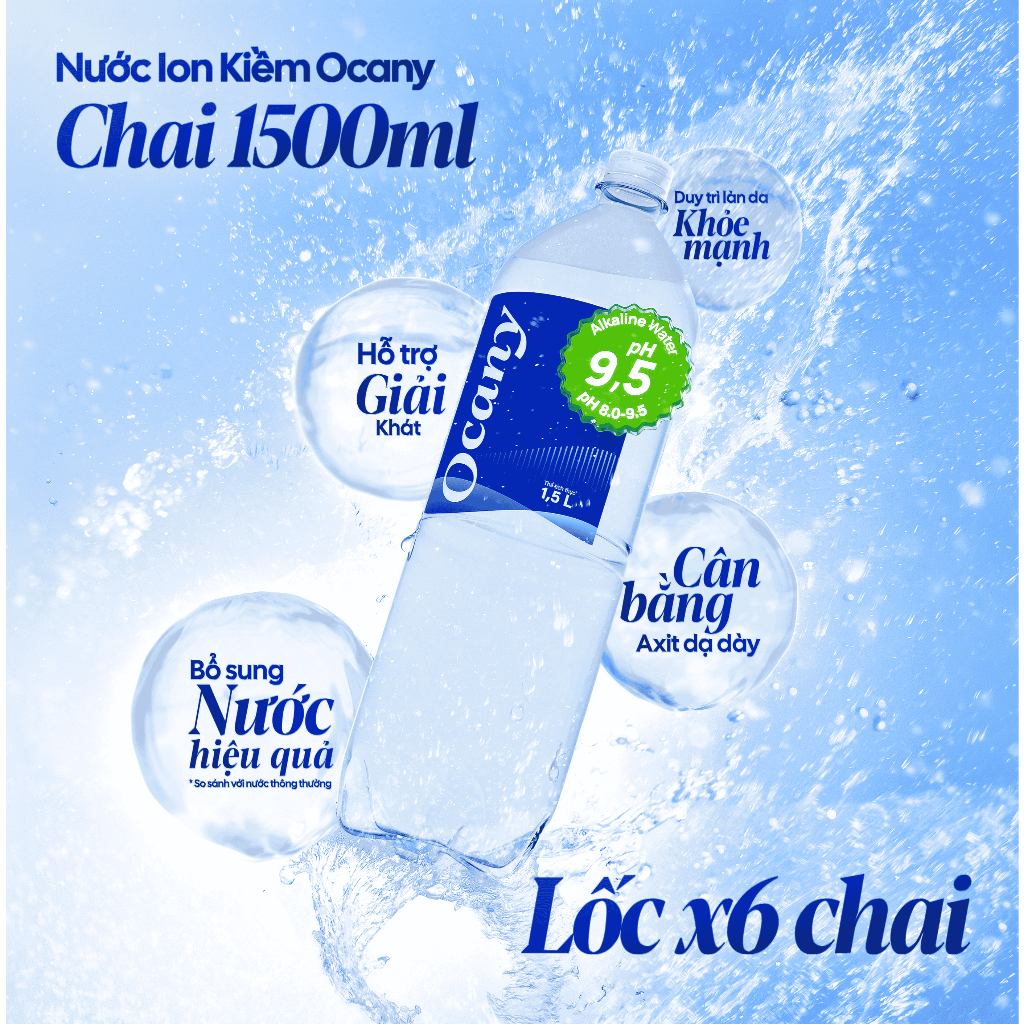 Lốc 6 chai nước ion kiềm Ocany chai 1.5l giúp trung hòa aixt dư thừa, tốt cho sức khỏe