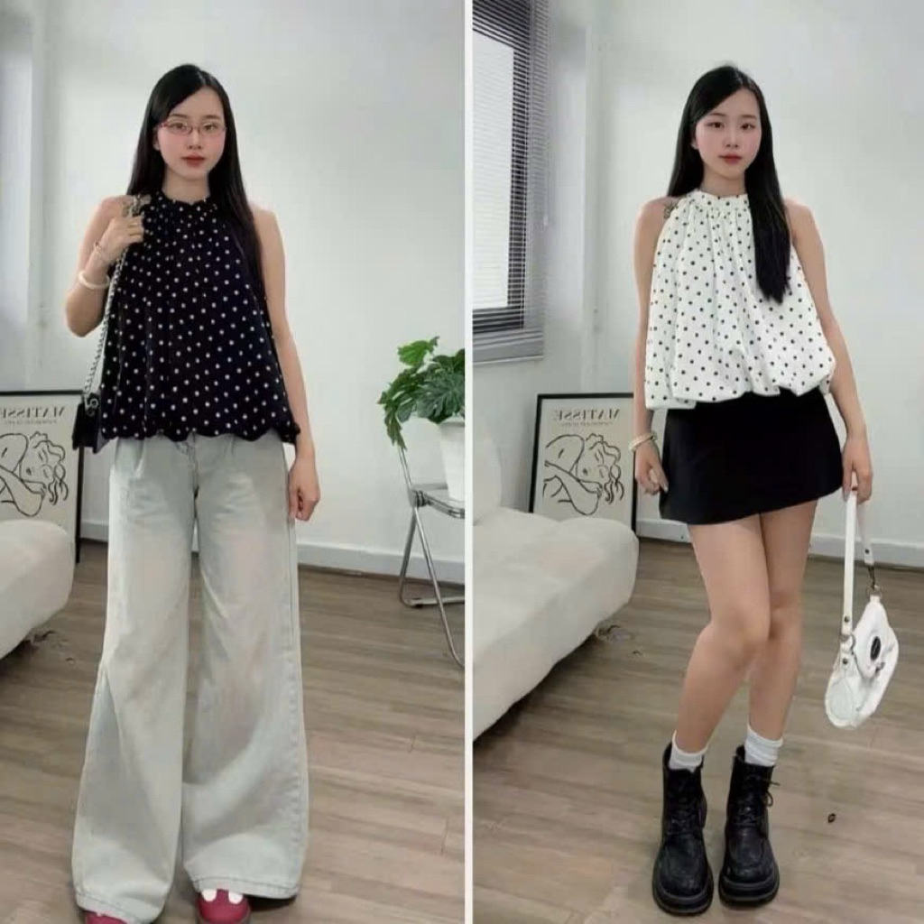 Áo Cổ Yếm Chấm Bi Sát Nách Dáng Bí Phồng Dễ Thương, Áo Kiểu Nữ | BigBuy360 - bigbuy360.vn