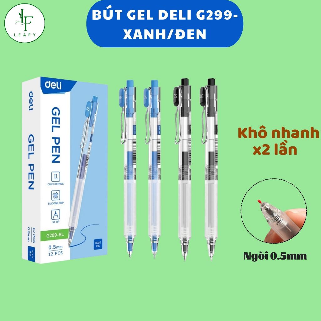 (3–12c) Bút Gel Cao Cấp Deli EG299 0.5mm – Mực Xanh/Đen, Nhanh Khô Gấp Đôi_Leafy Moment