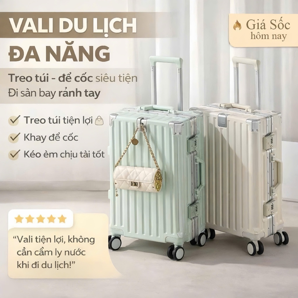 Vali Du Lịch Khóa Sập N55 Size 20/24 Cao Cấp Bảo Hành 5 Năm Có Cổng Hỗ Trợ Sạc USB và Khay Để Cốc
