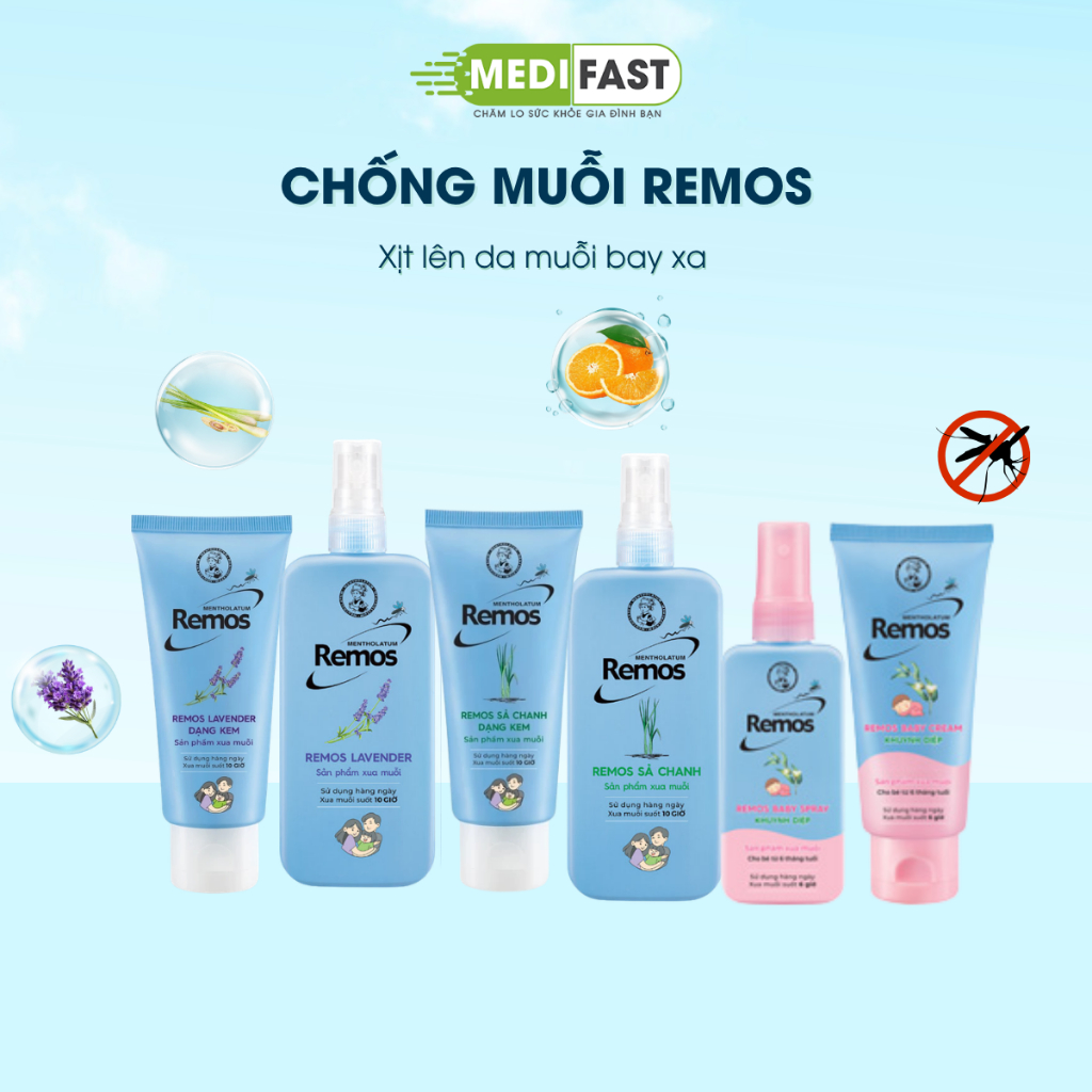 Chống muỗi dạng kem và xịt Remos hương lavender, sả chanh, cam ngăn côn trùng đốt an toàn cho trẻ em người lớn