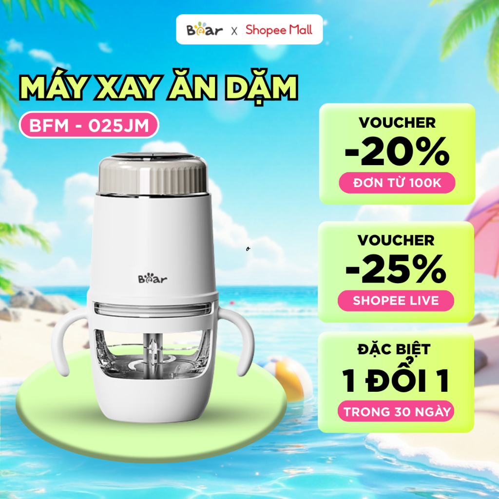 Máy Xay Ăn Dặm Thông Minh Bear 0.3L Tích Hợp Cảm Biến AI Máy Xay Cháo Cho Bé Lưỡi Dao 8 Cánh Máy Xay Thực Phẩm BFM-025JM