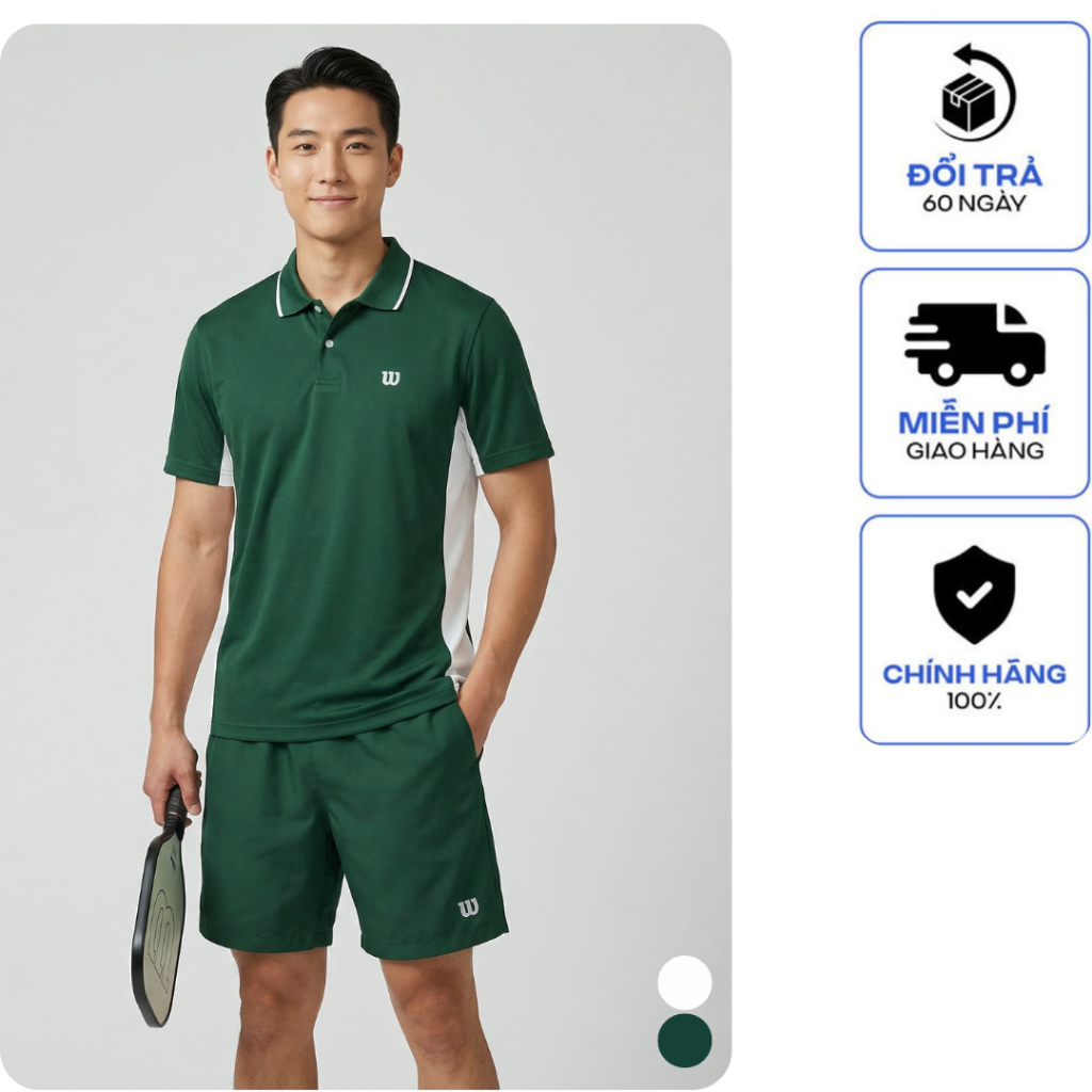 Bộ Đồ Thể Thao Nam Wilson Cao Cấp Xanh Trắng – Áo Polo + Quần Short Thoáng Khí, Co Giãn, Chuẩn Form 