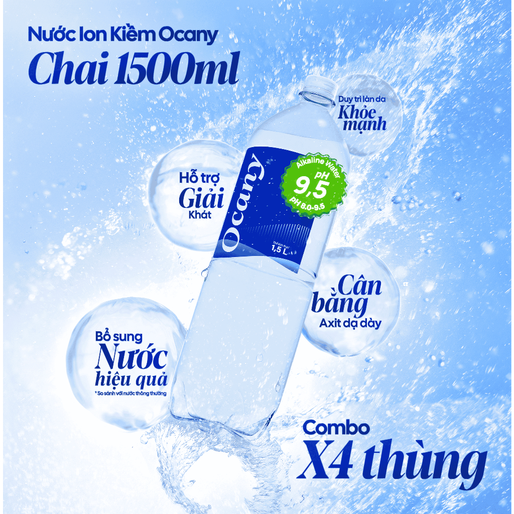 Combo 4 thùng 12 chai nước ion kiềm Ocany chai 1.5l, giúp bù khoáng, giải nhiệt, hỗ trợ tiêu hóa