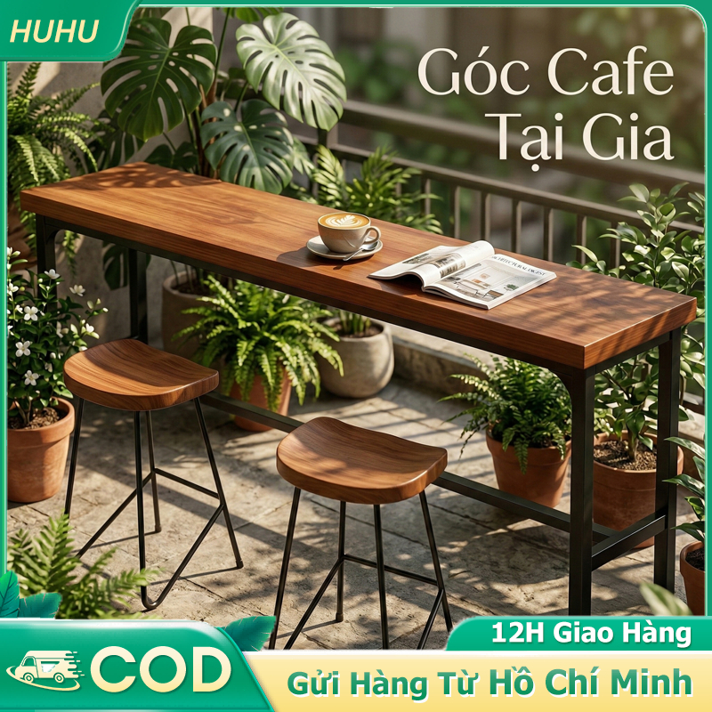 HUHU Ban bar ban cong san vuon ngoai troi Ban cafe go mdf dai Khung sat chiu luc tot Decor goc chill