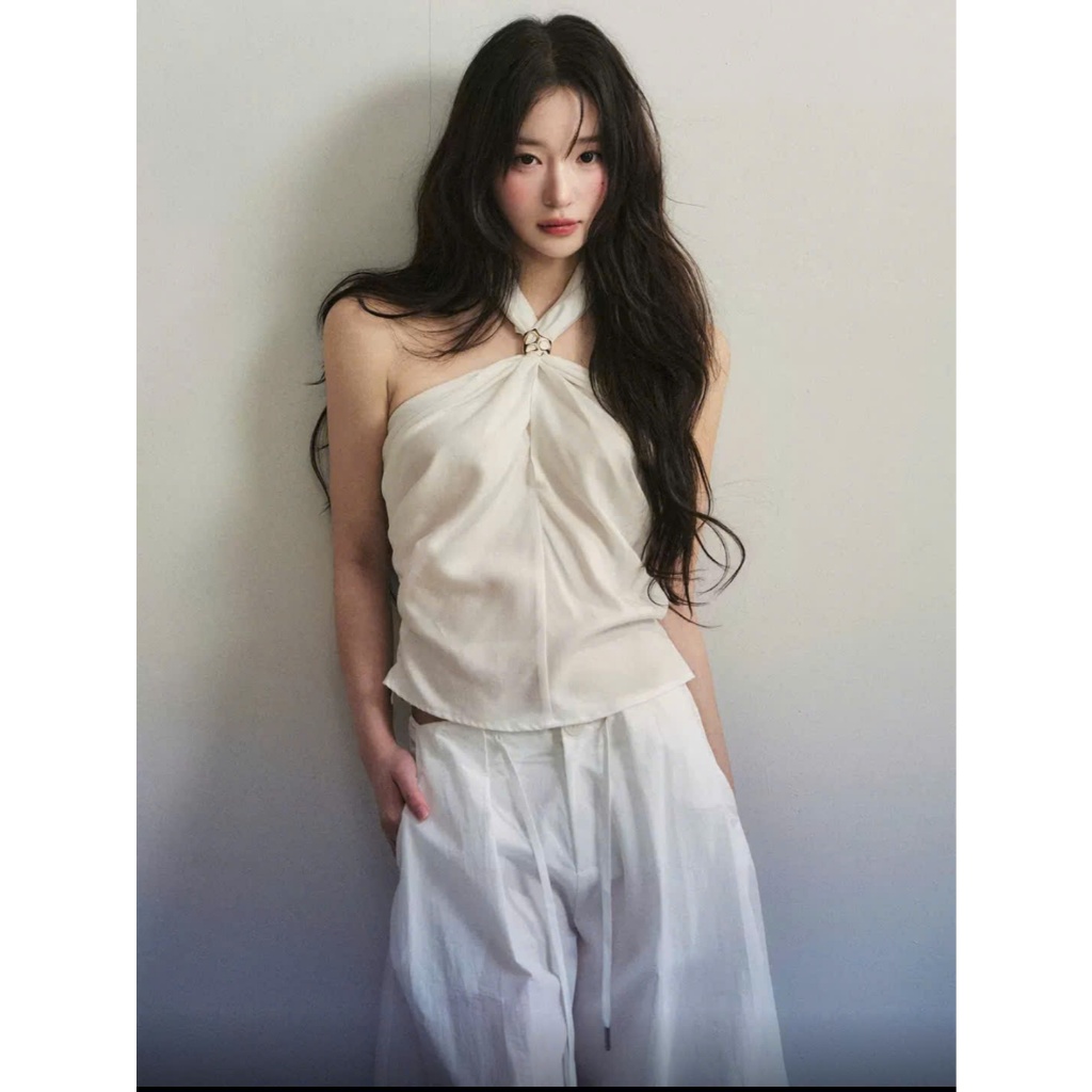 [Order 1P STUDIO] áo cổ yếm màu trắng ngà, quần ống rộng