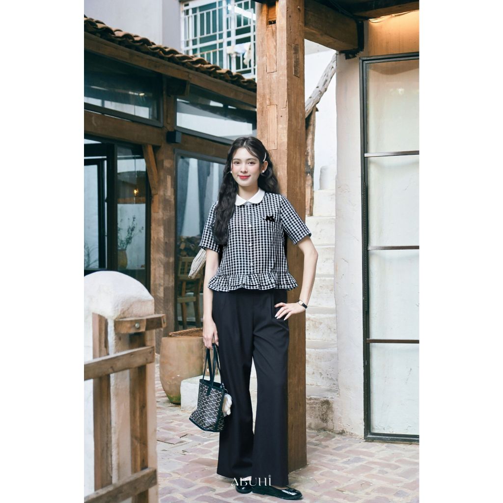 Áo Sơmi Nữ Oreo ABUHI Ngắn Tay Thiết Kế Cổ Mix Trắng Bèo Gấu Hoạ Tiết Caro Thanh Lịch | BigBuy360 - bigbuy360.vn