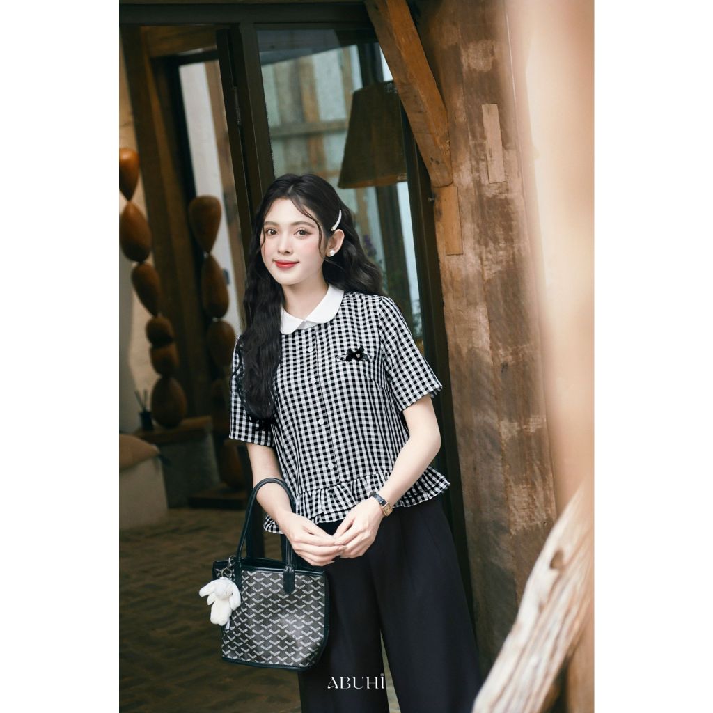 Áo Sơmi Nữ Oreo ABUHI Ngắn Tay Thiết Kế Cổ Mix Trắng Bèo Gấu Hoạ Tiết Caro Thanh Lịch | BigBuy360 - bigbuy360.vn