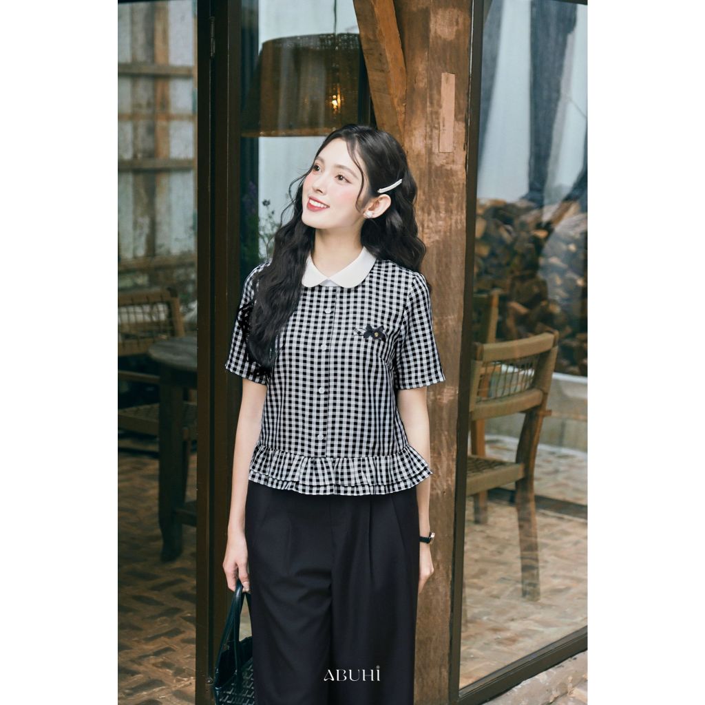 Áo Sơmi Nữ Oreo ABUHI Ngắn Tay Thiết Kế Cổ Mix Trắng Bèo Gấu Hoạ Tiết Caro Thanh Lịch | BigBuy360 - bigbuy360.vn